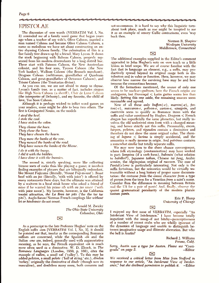 Verbatim letter Arnold Zwicky's Blog